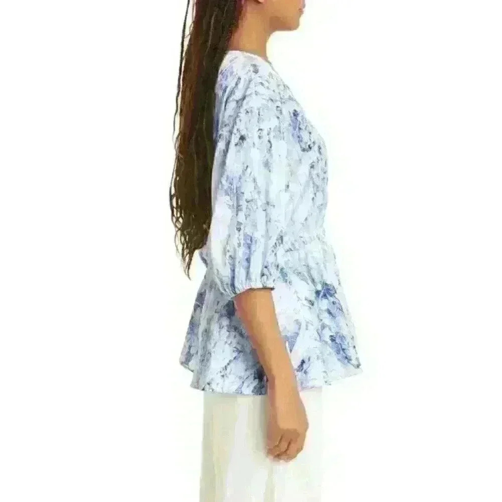 NEW Donna Karan Women's L Print V-Neck Elastic Waist Blouse • Reg Price $295 - Picture 4 of 6